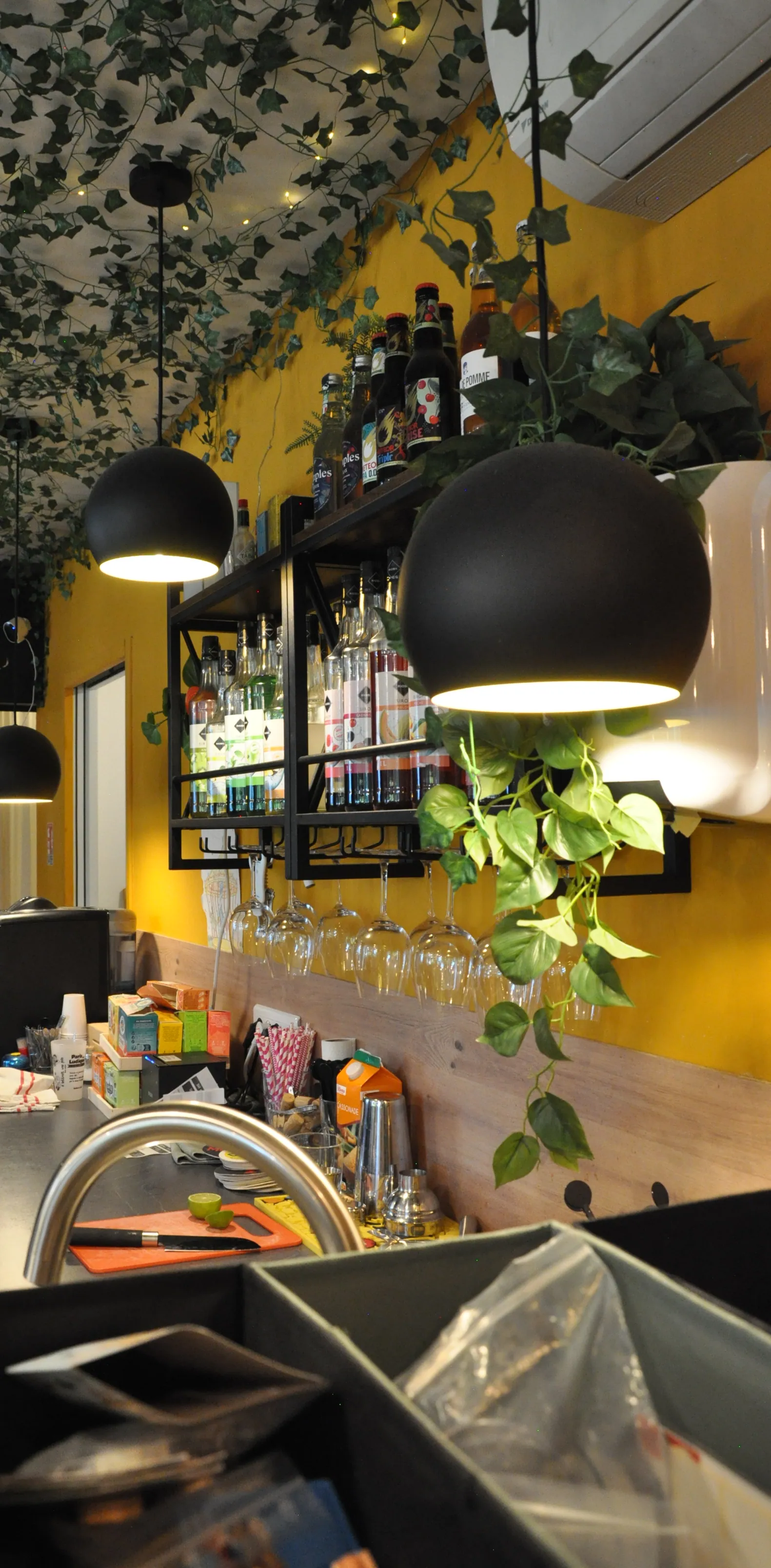 Comptoir du bar La Luciole avec ses suspensions noires et ses plantes